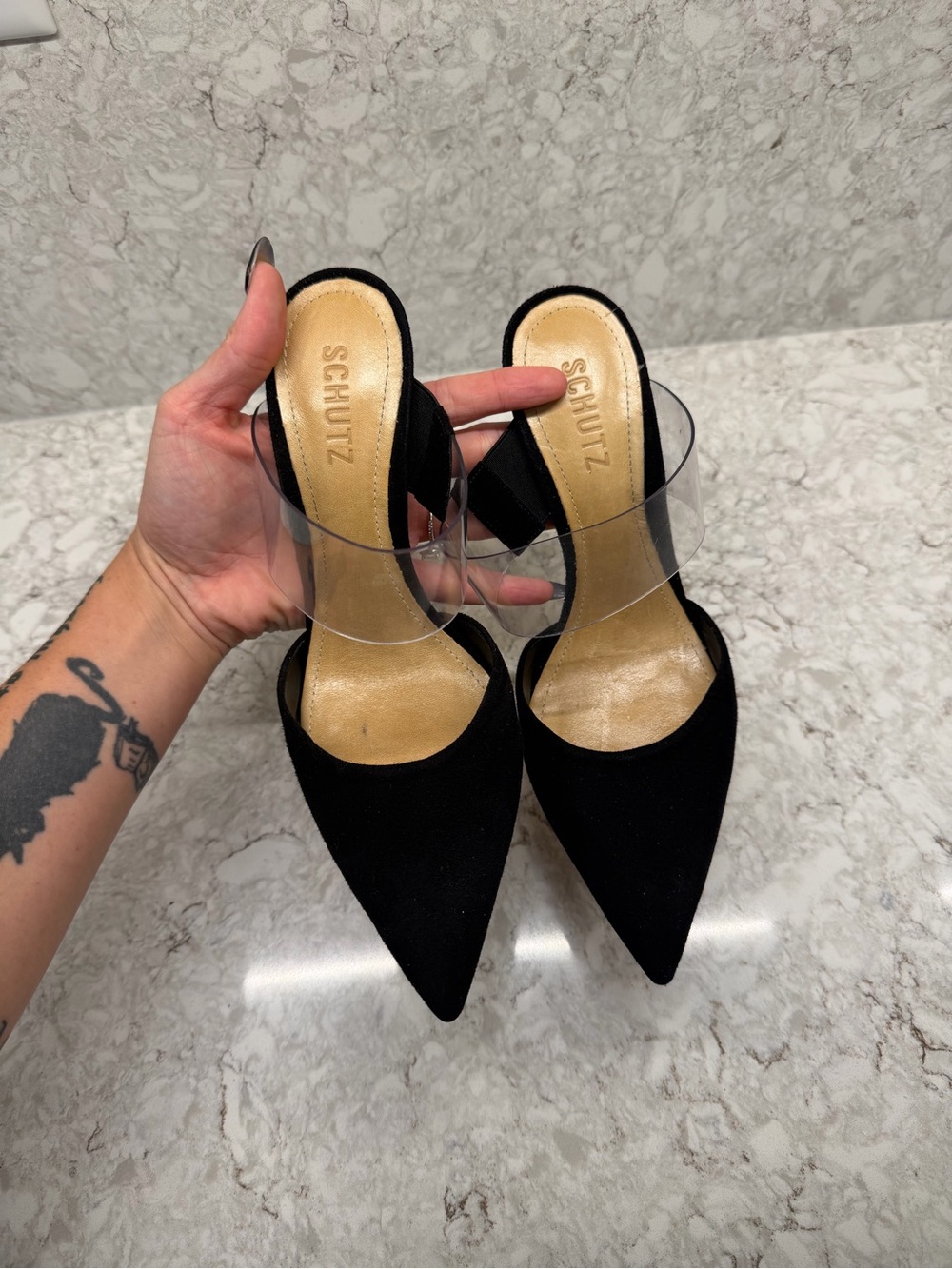 SCHUTZ Black Pointed Mule with Clear Vinyl Strap